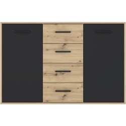 Buffet PILVI - Style contemporain - Particules mélaminé - Décor Chene et noir - 2 portes + 4 tiroirs - L 122,6 x P 34,2 x H 8