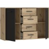 Buffet PILVI - Style contemporain - Particules mélaminé - Décor Chene et noir - 2 portes + 4 tiroirs - L 122,6 x P 34,2 x H 8