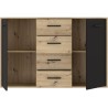 Buffet PILVI - Style contemporain - Particules mélaminé - Décor Chene et noir - 2 portes + 4 tiroirs - L 122,6 x P 34,2 x H 8