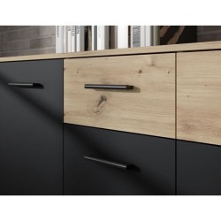 Buffet PILVI - Style contemporain - Particules mélaminé - Décor Chene et noir - 2 portes + 4 tiroirs - L 122,6 x P 34,2 x H 8