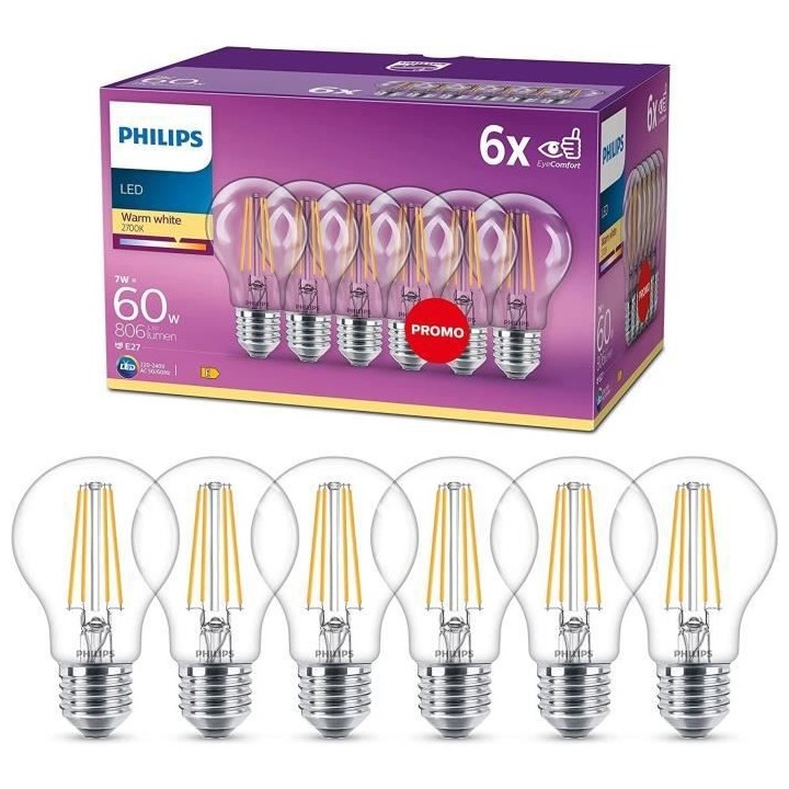 Philips, pack de 6 ampoules E27 LED transparentes 60W, blanc chaud