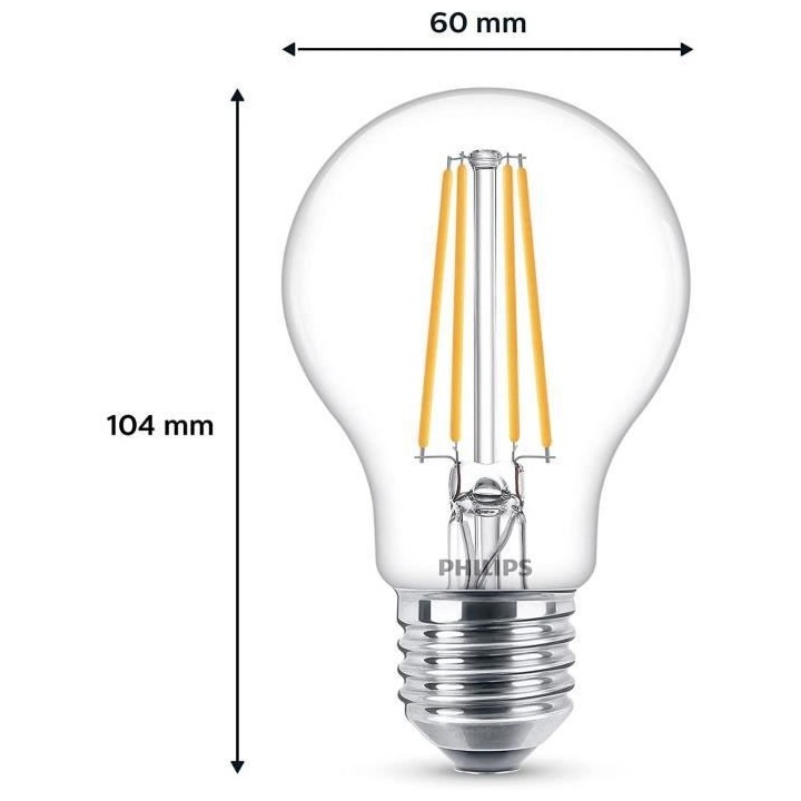 Philips, pack de 6 ampoules E27 LED transparentes 60W, blanc chaud