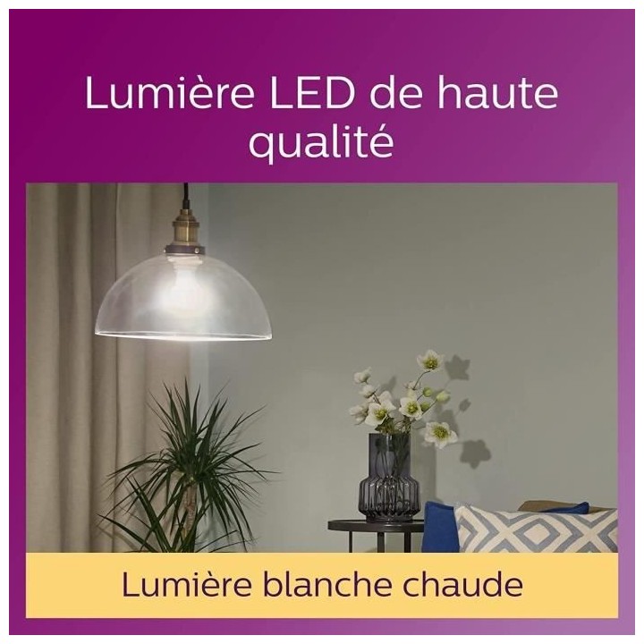 Philips, pack de 6 ampoules E27 LED transparentes 60W, blanc chaud
