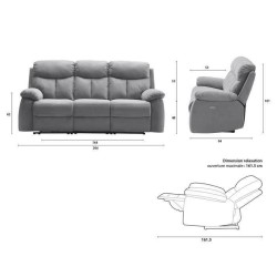 Canapé 3 places avec 2 assises électriques - Tissu gris - L 204 x P 94 x H 101 cm - BELEM