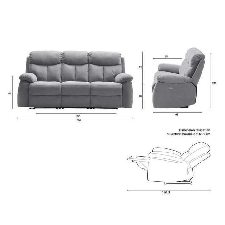 Canapé 3 places avec 2 assises électriques - Tissu gris - L 204 x P