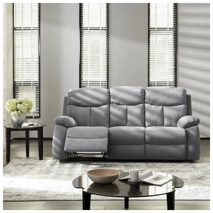 Canapé relax manuel - BELEM - Tissu gris - L 204 x P 94 x H 101 cm