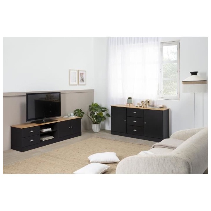 Meuble TV - Noir/Chene - L180XP38XH50cm - Belfast