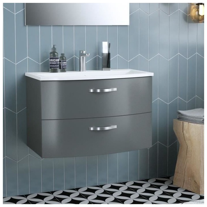 Ensemble Meuble de salle de bain 2 tiroirs + Vasque - Anthracite - L 8