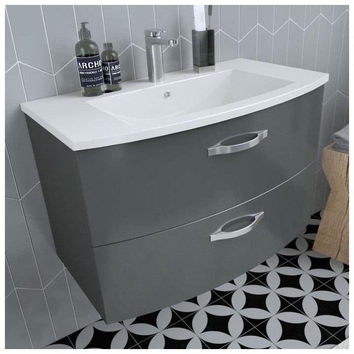 Ensemble Meuble de salle de bain 2 tiroirs + Vasque - Anthracite - L 8