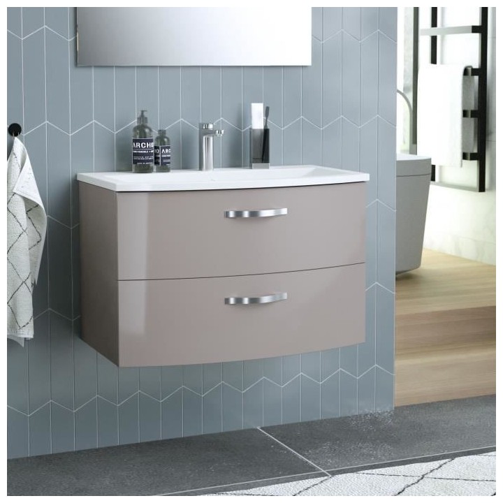 Ensemble Meuble de salle de bain 2 tiroirs + Vasque - Taupe - L 80,5 x