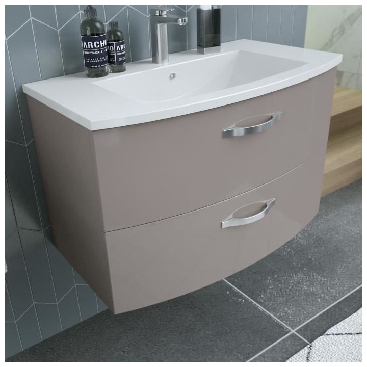 Ensemble Meuble de salle de bain 2 tiroirs + Vasque - Taupe - L 80,5 x