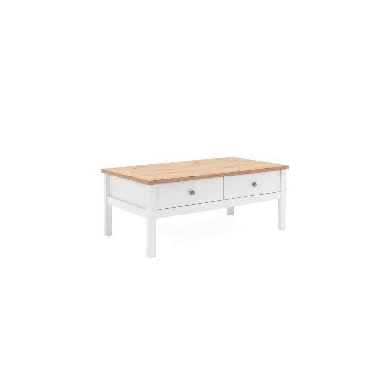 Table basse - Rectangulaire - Décor chene naturel et blanc - Style campagne - Avec rangement - L 100 x P 55 x H 40 cm - BERGEN