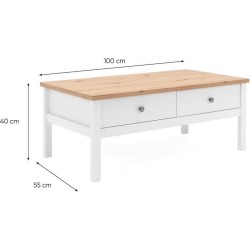 Table basse - Rectangulaire - Décor chene naturel et blanc - Style campagne - Avec rangement - L 100 x P 55 x H 40 cm - BERGEN