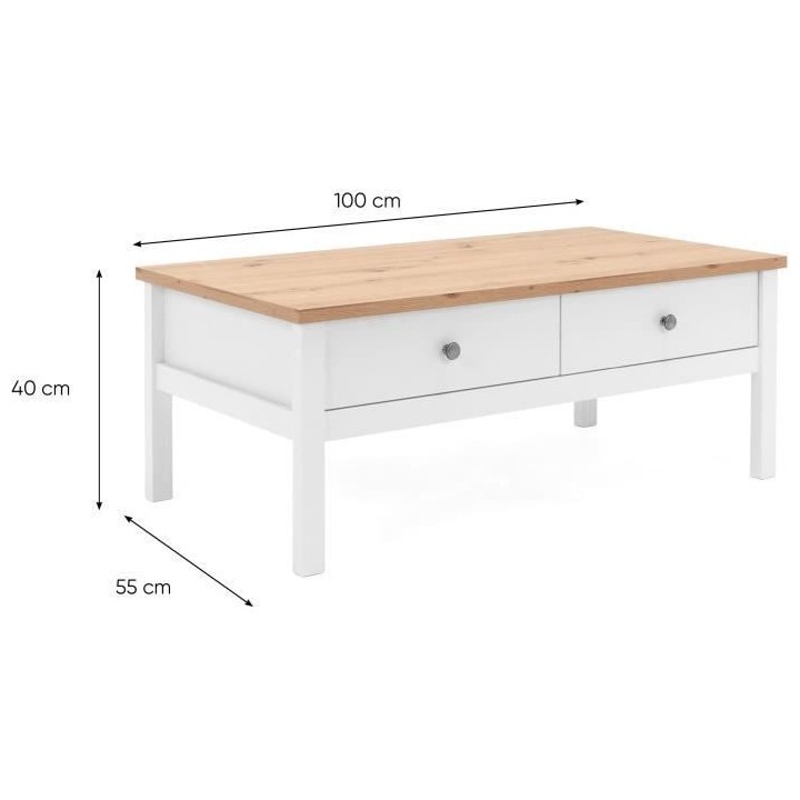 Table basse - Rectangulaire - Décor chene naturel et blanc - Style ca