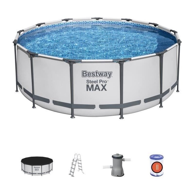 Kit Piscine hors sol tubulaire BESTWAY Steel Pro Max - 396 x 122 cm - Ronde (Livrée avec pompe de filtration, échelle + bâche