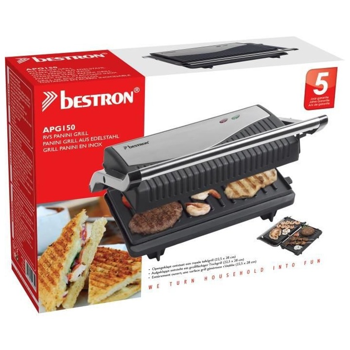 Bestron Gril a panini 750 W Argenté et noir Acier inoxydable APG150