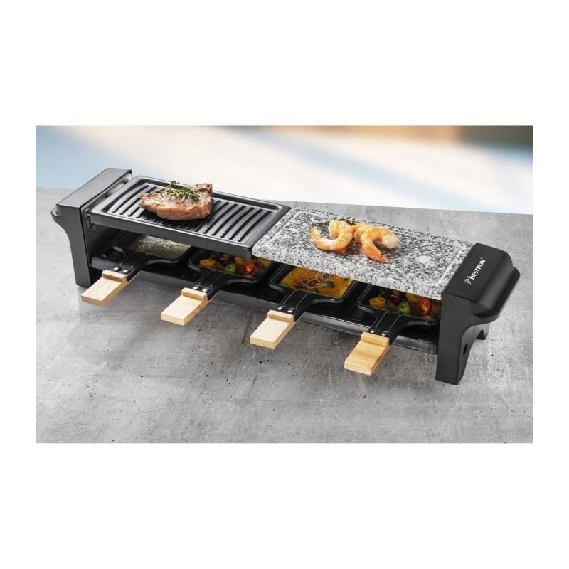 Bestron Appareil a raclette pour 4 personnes, barbecue de table électrique avec 4 poelons, 4 spatules en bois et 4 soucoupes, N