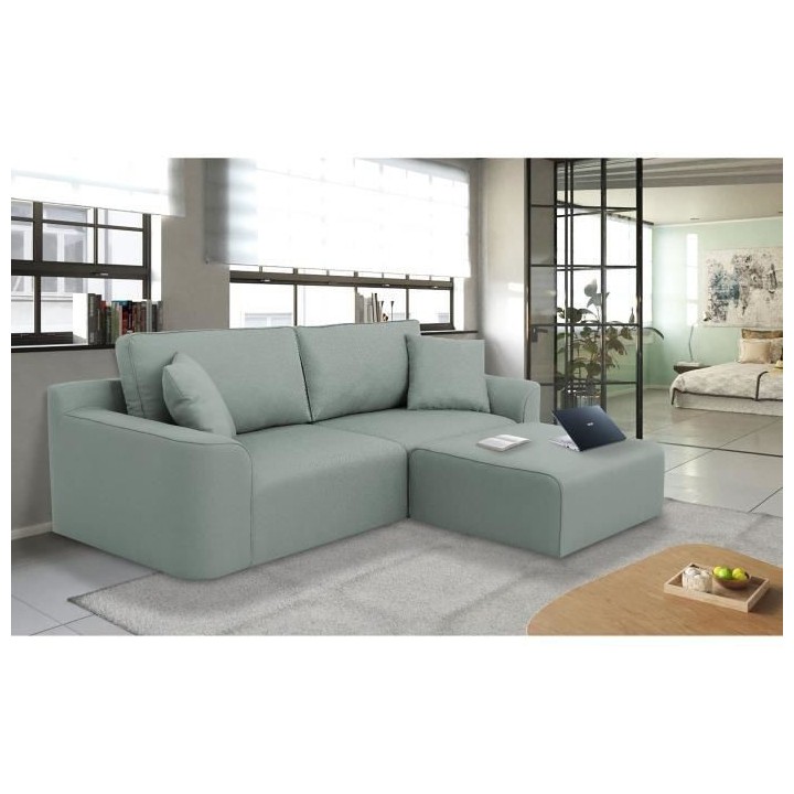 Canapé d'angle - BIG JOHN - Tissu bleu gris - Pouf assorti - L 272 x