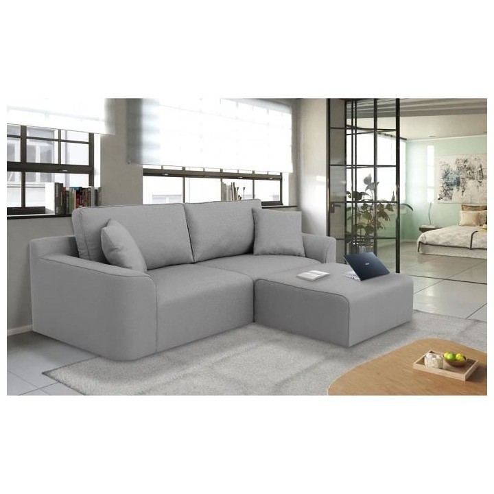 Canapé d'angle - BIG JOHN - Tissu Gris - Pouf assorti - L 272 x P 106