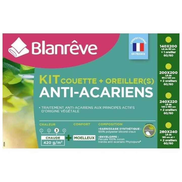 BLANREVE Pack Couette chaude et Oreiller Percale - Anti-acariens - 240
