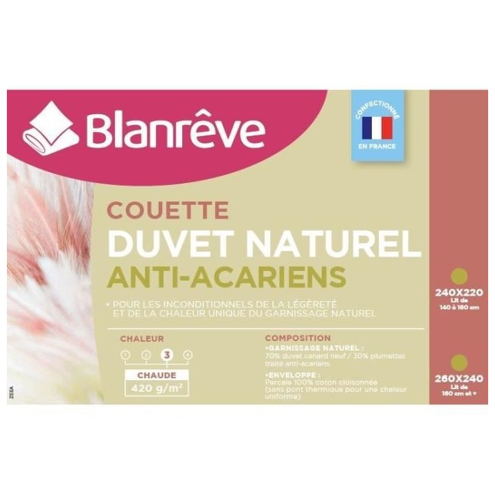 BLANREVE Couette Naturelle Duvet Percale de Coton - Anti-acariens - 24