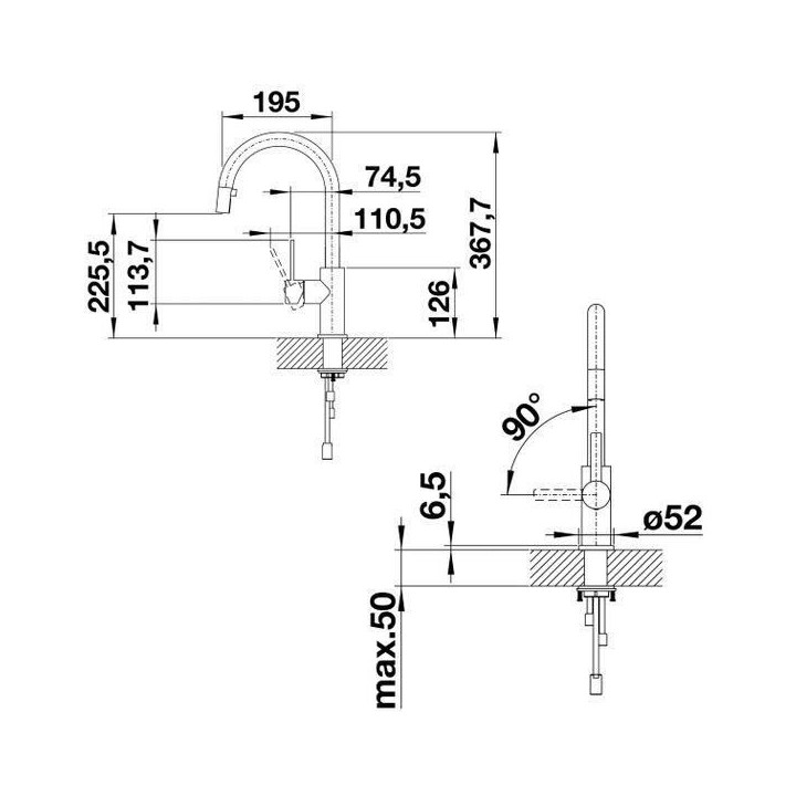 Mitigeur cuisine, bec orientable 190ø, douchette extractible BLANCO C