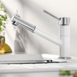 Mitigeur cuisine, bec droit orientable 120ø, douchette extractible, BLANCO KANO-S, chromé / blanc, robinet cartouche céramiqu