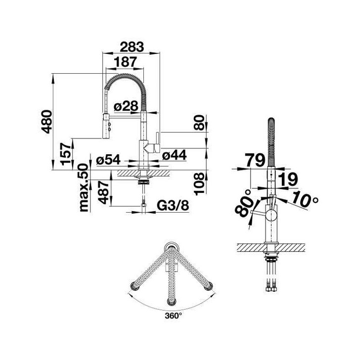 Mitigeur cuisine, bec orientable 360ø, douchette flexible, double jet