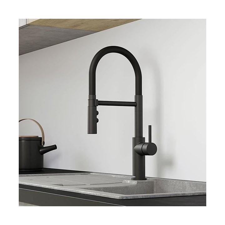 Mitigeur cuisine, bec orientable 360ø, douchette flexible, double jet