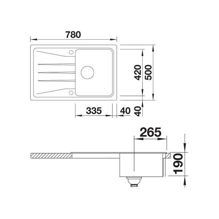 Evier cuisine Silgranit© noir 78 x 50 cm, a encastrer, 1 cuve égoutt