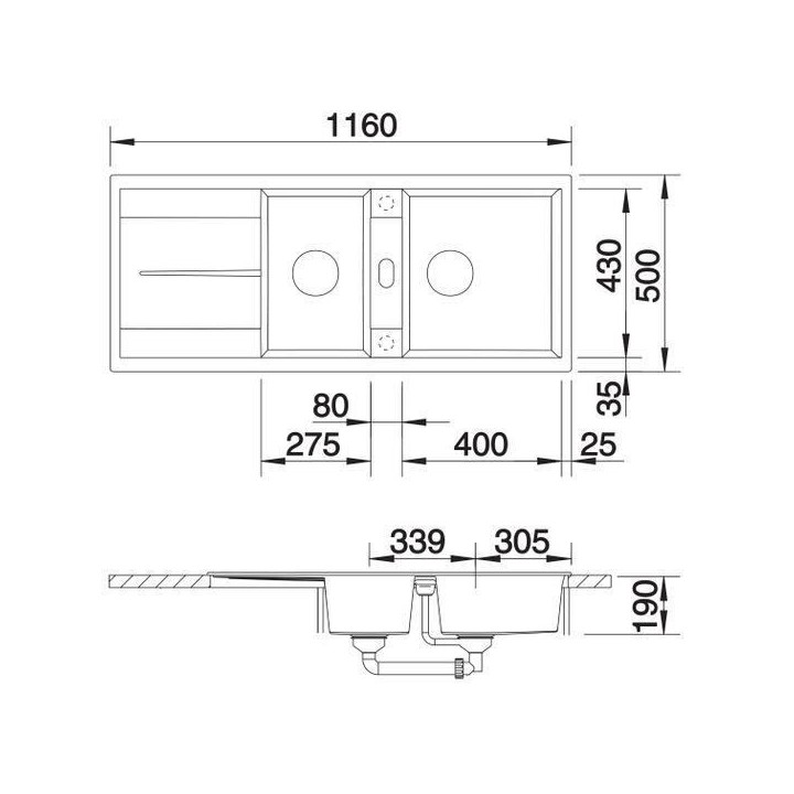 ?évier cuisine Silgranit© noir 116 x 50 cm, a encastrer, 2 cuves ég