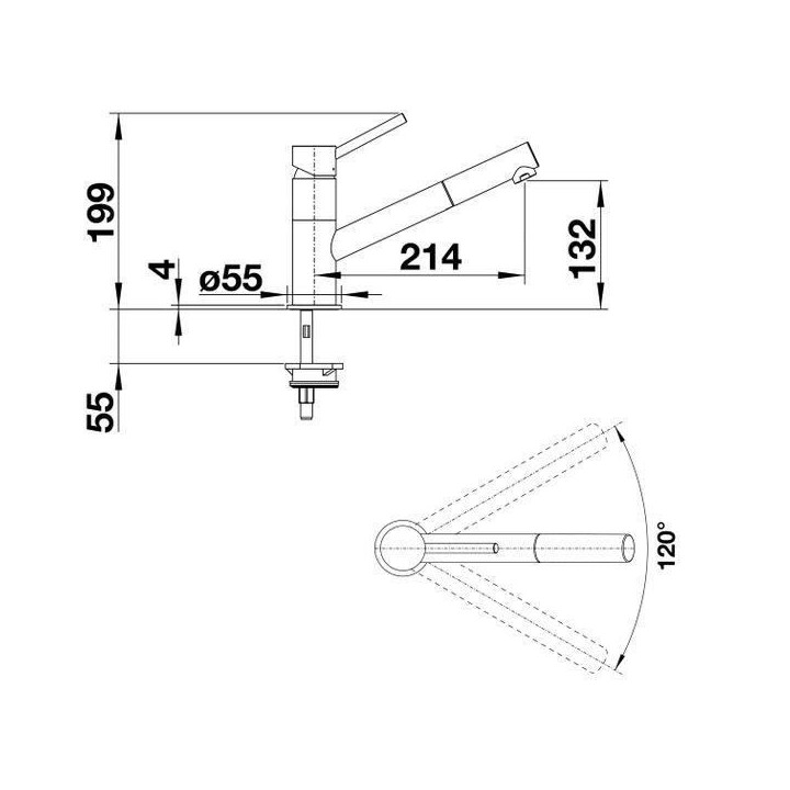 Mitigeur cuisine, bec droit orientable 120ø, douchette extractible, B