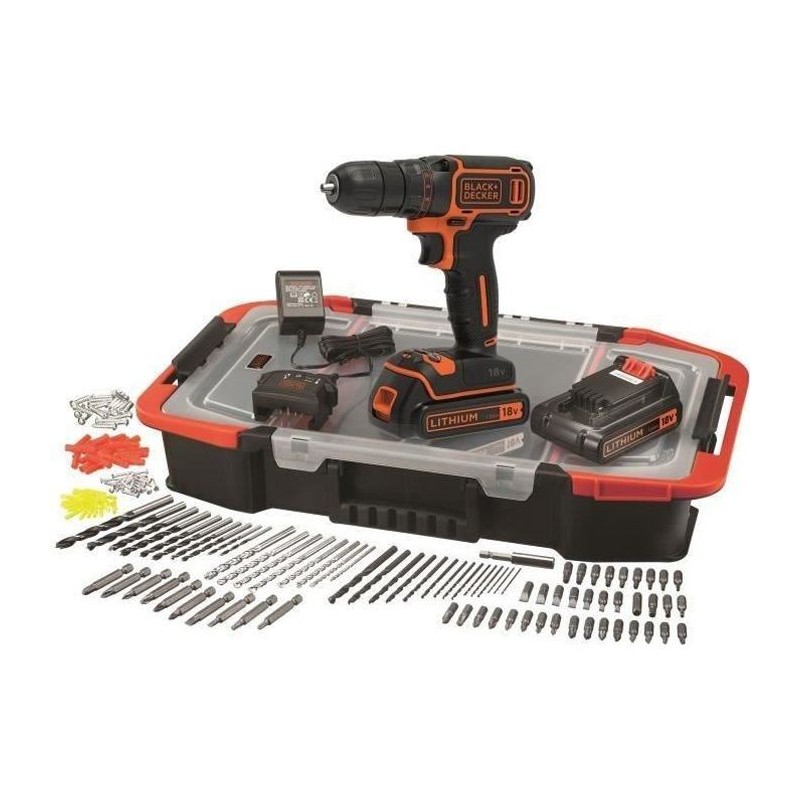 Perceuse-Visseuse sans-fil 18V BLACK+DECKER (2 Batteries 1,5 Ah + chargeur + 160 accessoires + organisateur) - BDCDC18BAST-QW