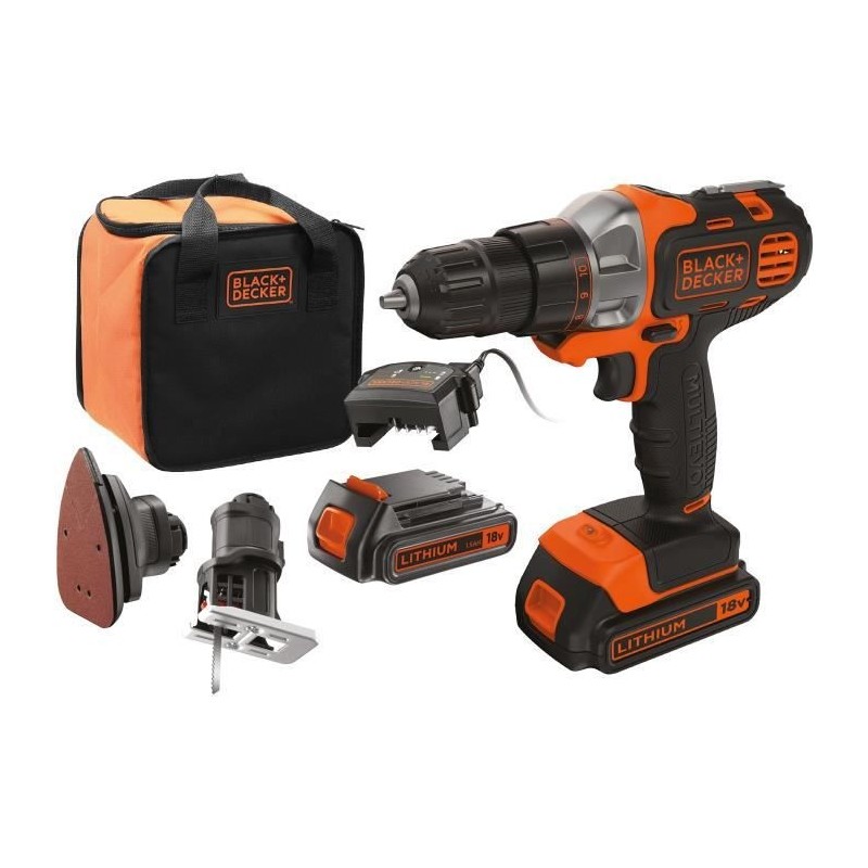 Coffret Perceuse-visseuse Multievo 18V BLACK+DECKER (2 batteries 1,5 Ah + tete Ponceuse + tete Scie Sauteuse) - MT218S2A-QW