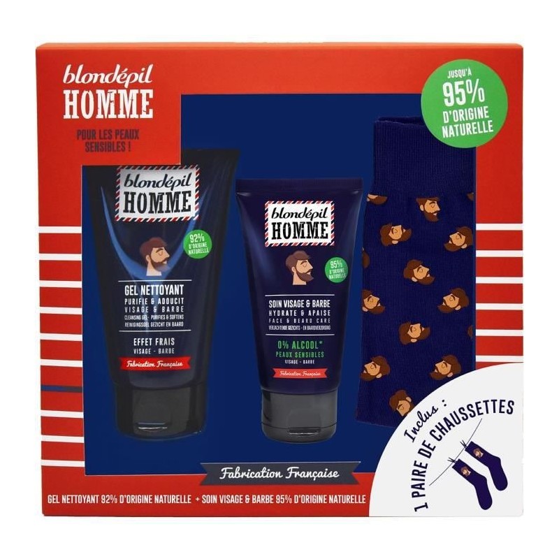 BLONDEPIL HOMME Coffret Gel nettoyant + Soin a barbe Peaux Sensibles + Paire de chaussettes