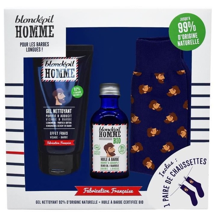 BLONDEPIL HOMME Coffret Gel nettoyant Naturel + Huile Bio + Paire de c