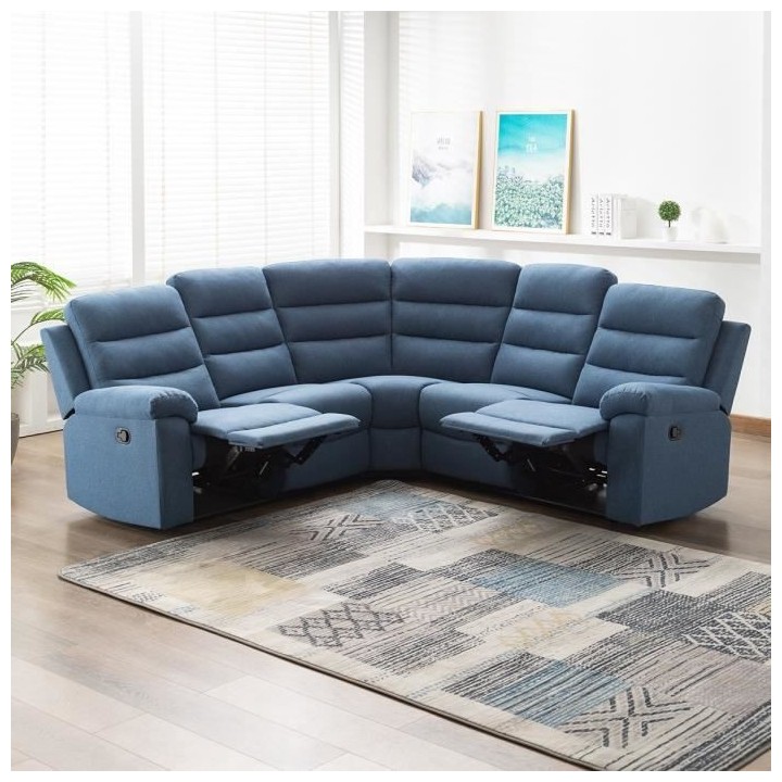 Canapé d'angle relax manuel 5/6 places - AUGUST - Tissu Bleu - L 211