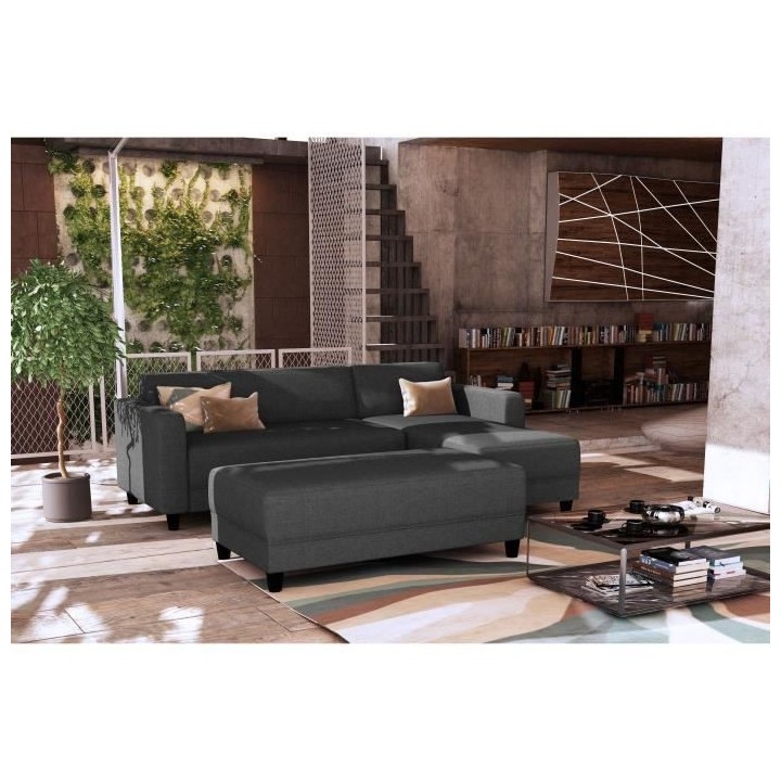 Canapé d'angle fixe 3 places BOB - Tissu Anthracite - Banc - L 197 x