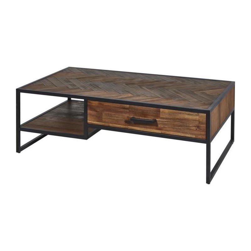 Table basse - En Acacia + Pieds métal - 1 tiroir - L 120 x P 70 x H 40 cm - HUDSON