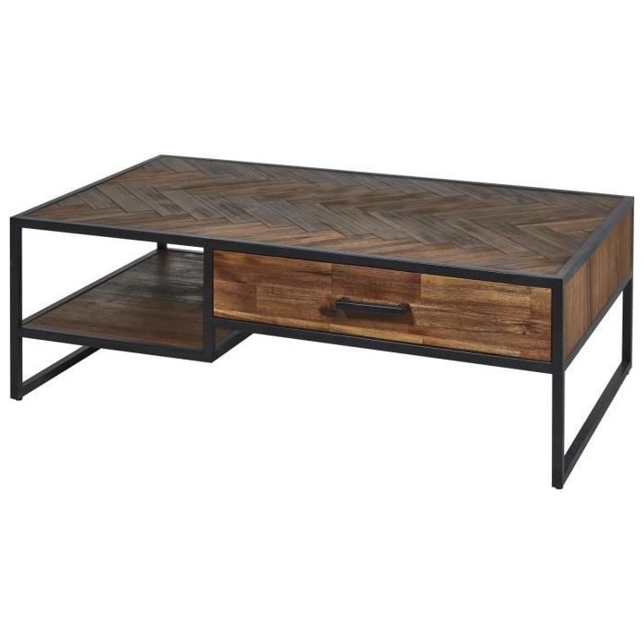 Table basse - En Acacia + Pieds métal - 1 tiroir - L 120 x P 70 x H 4