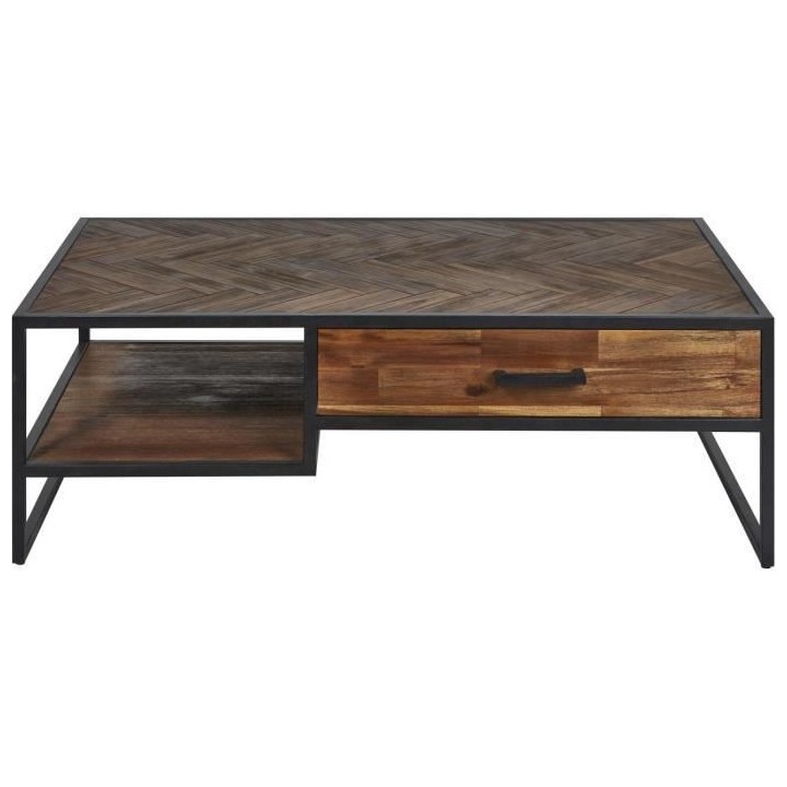 Table basse - En Acacia + Pieds métal - 1 tiroir - L 120 x P 70 x H 4