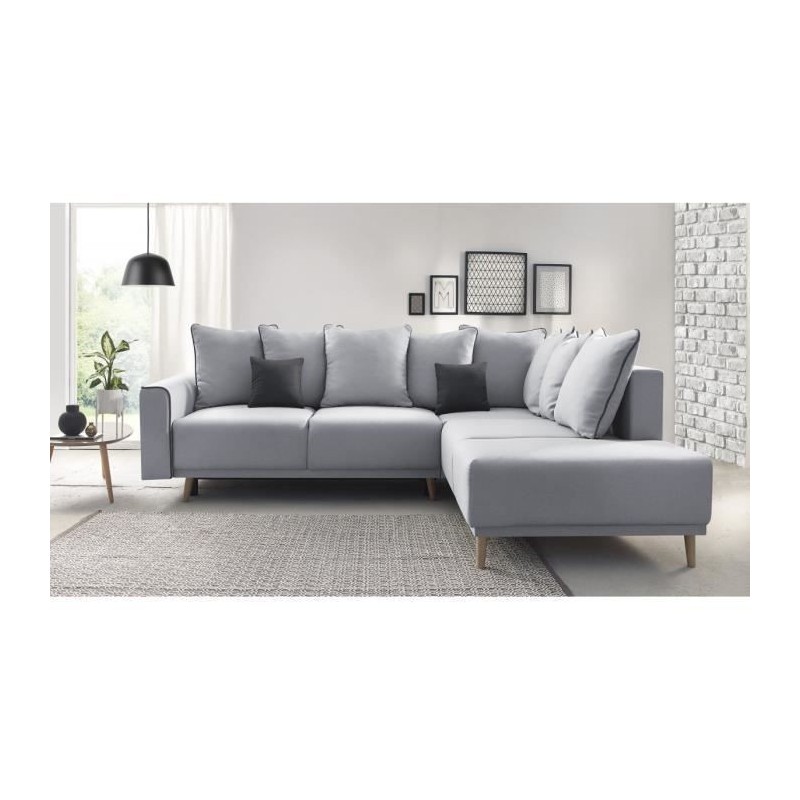 BOBOCHIC Canapé d'angle droit convertible - Tissu gris clair - L 252 x P 215 x H 90 cm - MOLA