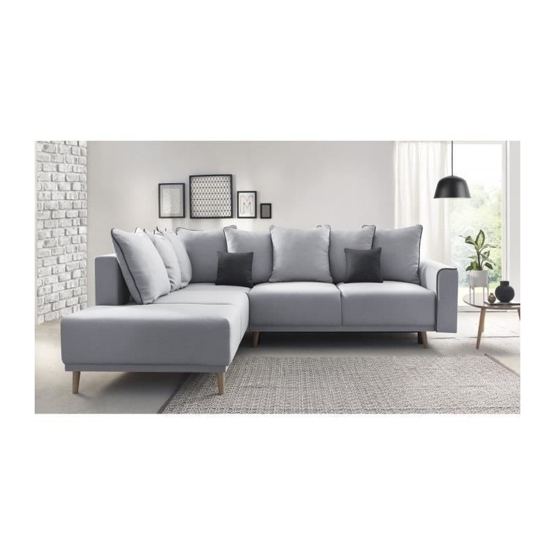 Canapé d'angle gauche convertible - Tissu gris clair - Contemporain - L 252 x P 215 x H 90 cm - MOLA