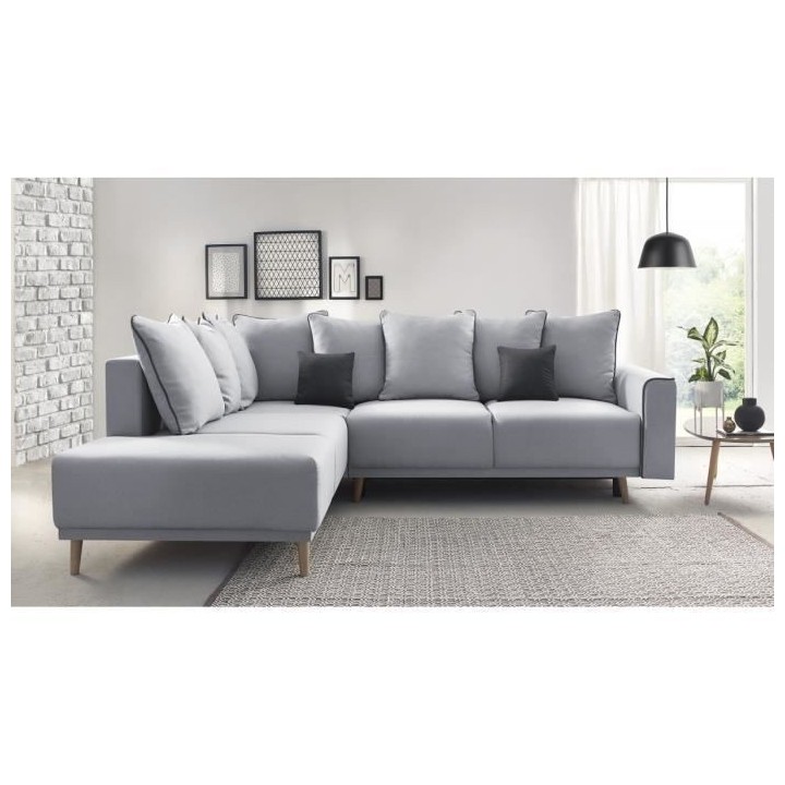 Canapé d'angle gauche convertible - Tissu gris clair - Contemporain -