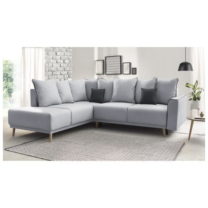 Canapé d'angle gauche convertible - Tissu gris clair - Contemporain -