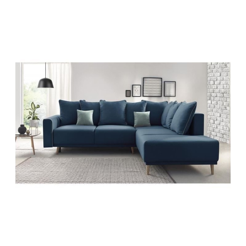 Canapé d'angle droit convertible - 5 places - Tissu Bleu navy - Contemporain - L 252 x P 215 x H 90 cm - MOLA