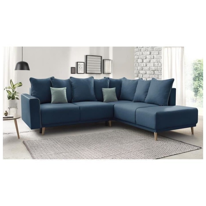 Canapé d'angle droit convertible - 5 places - Tissu Bleu navy - Conte