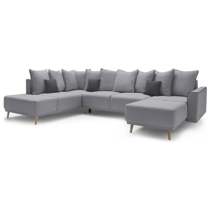 Canapé d'angle droit panoramique convertible - 7 places - Tissu Gris