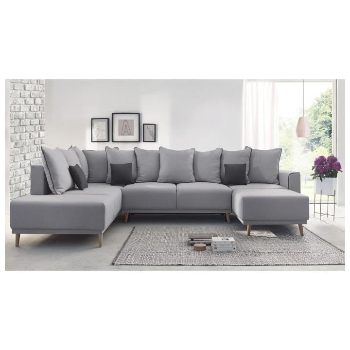 Canapé d'angle droit panoramique convertible - 7 places - Tissu Gris