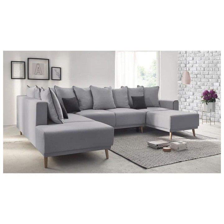 Canapé d'angle droit panoramique convertible - 7 places - Tissu Gris